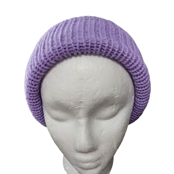 Hand Knit Unisex  Reversable Slouchy Hat In Shades Light Grey & Lilac - Picture 7 of 11